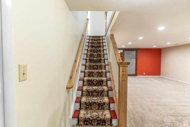 Staircase with baseboards, carpet flooring, and recessed lighting | Image 26