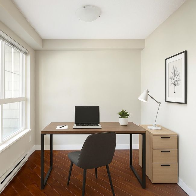 Office featuring dark wood-style floors, a baseboard heating unit, and baseboards | Image 18