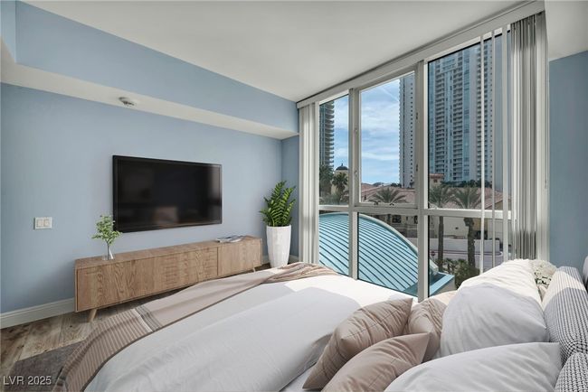 Virtually Staged Bedroom featuring floor to ceiling windows, wood finished floors, and baseboards | Image 50