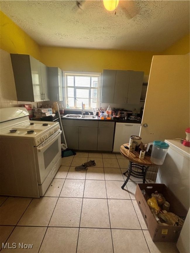 Kitchen with stove, dishwashing machine, a sink, gray cabinetry, and a textured ceiling | Image 5
