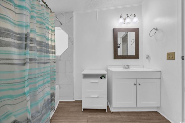 Bathroom with vanity, a shower with curtain, and wood tiled floors | Image 15