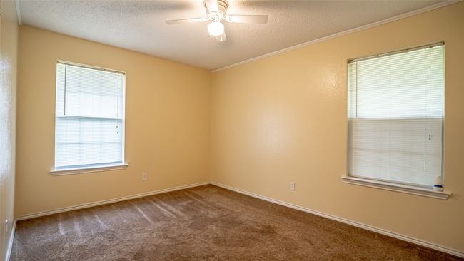Carpeted spare room with a textured ceiling, ceiling fan, ornamental molding, and baseboards | Image 15