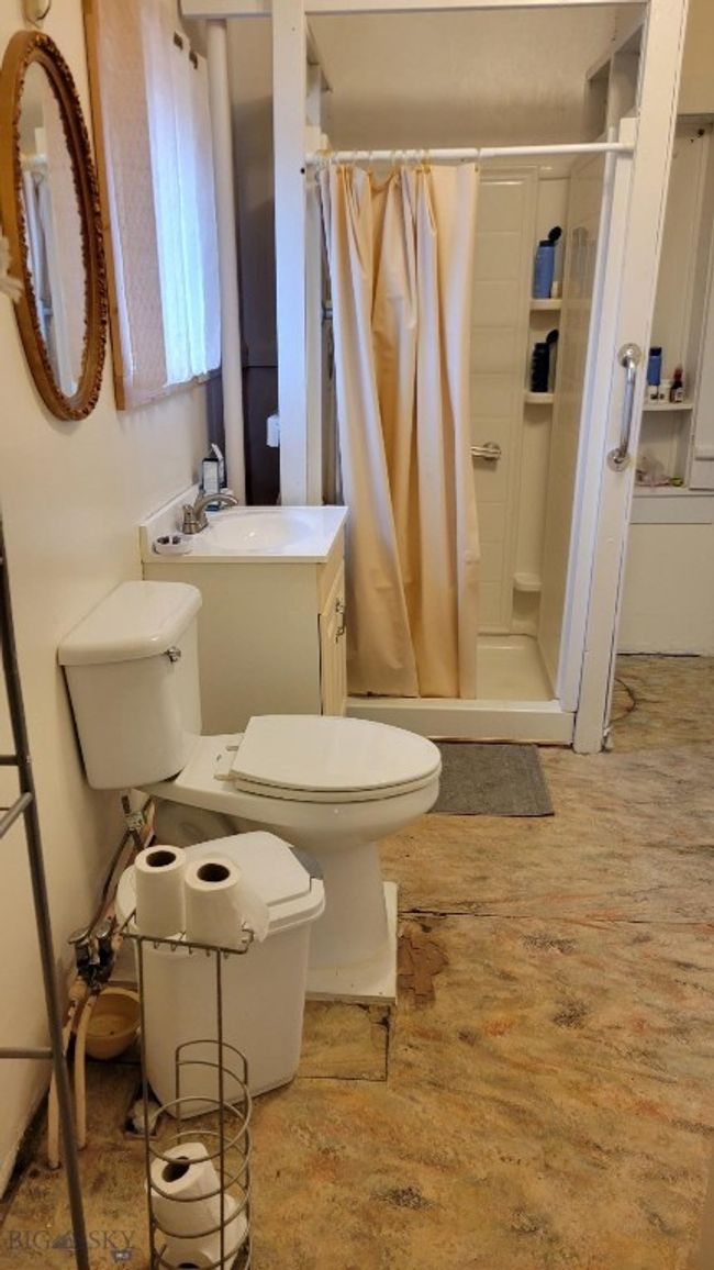 Bathroom with a shower, vanity, toilet, and wood-type flooring | Image 6