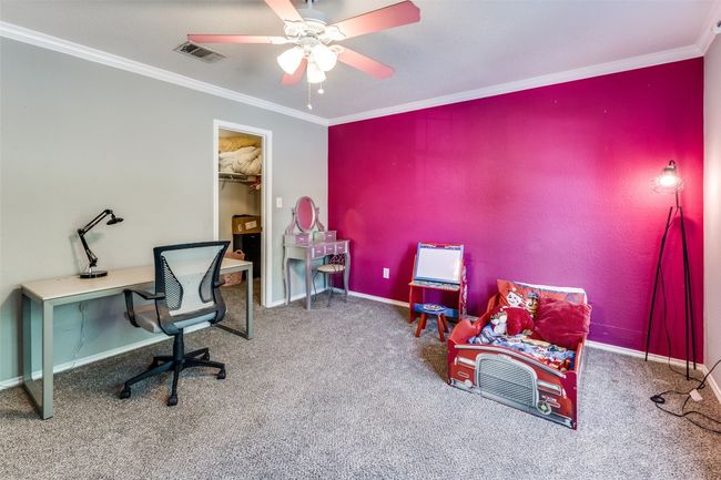 Home office featuring carpet, ornamental molding, ceiling fan, and baseboards | Image 21