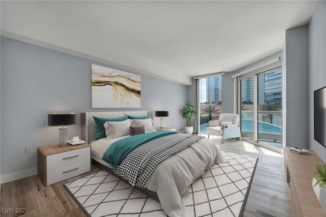 Virtually Staged Bedroom with light wood-type flooring, baseboards, and access to exterior | Image 51