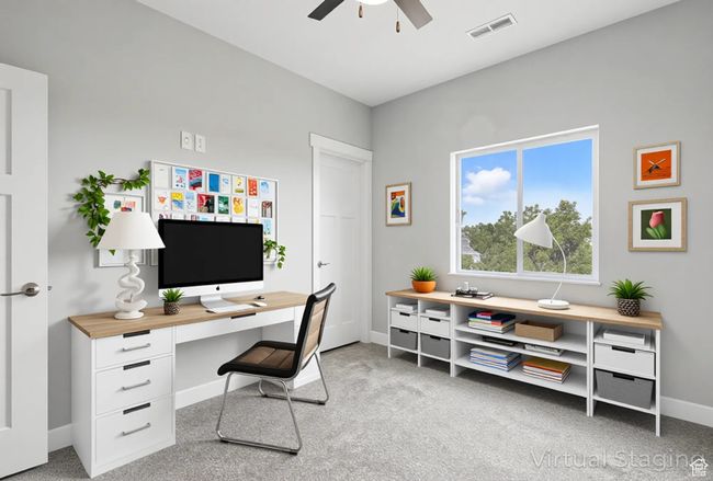 Carpeted home office with ceiling fan and baseboards | Image 39