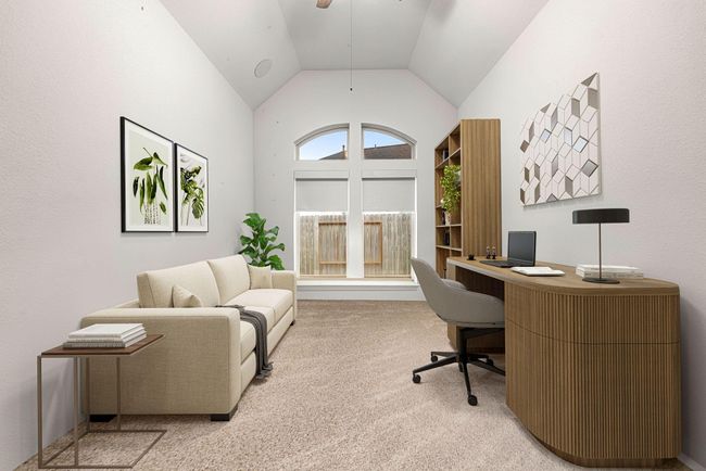 Nestled away quietly near the front of the home is the handsome and grand home office. Featuring high ceilings, ceiling fan, neutral paint, plush carpet flooring and large windows with privacy blinds. *virtual staged* | Image 9