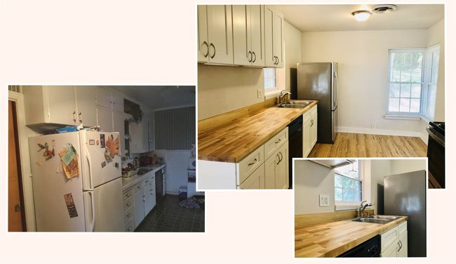 Kitchen featuring butcher block counters, freestanding refrigerator, black dishwasher, and wood finished floors | Image 19