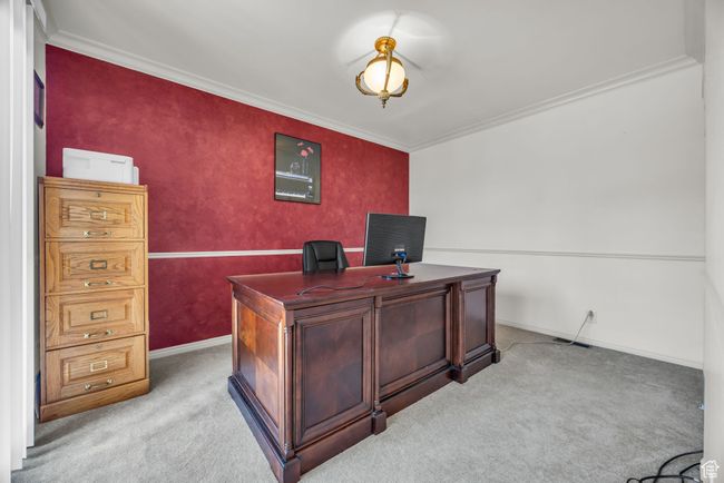 Office with light colored carpet, baseboards, and ornamental molding | Image 14