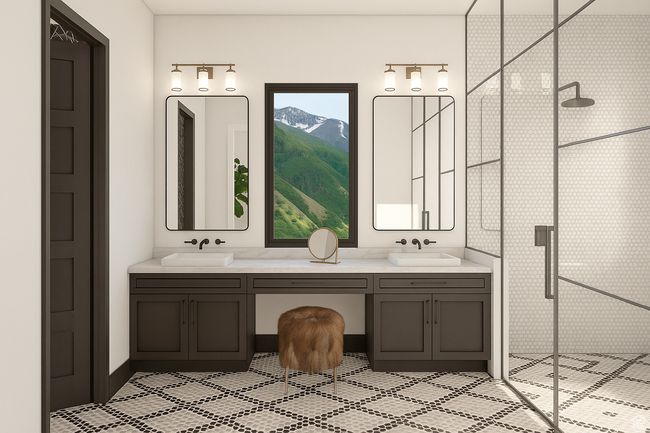 Bathroom featuring a shower stall, a mountain view, double vanity, and tile patterned floors | Image 18