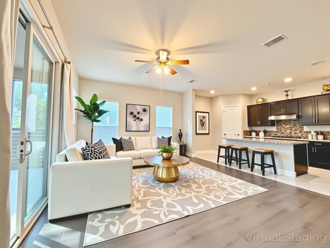 Living room with light wood-style floors, recessed lighting, and a ceiling fan | Image 7