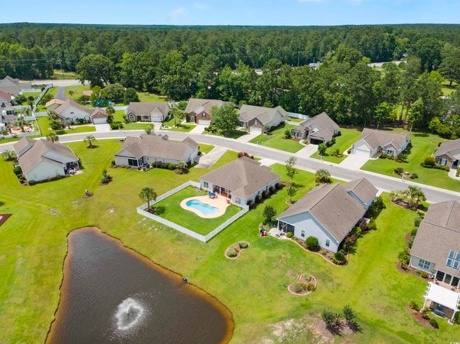 Aerial perspective of suburban area with a forest, a nearby body of water, and a pool | Image 26