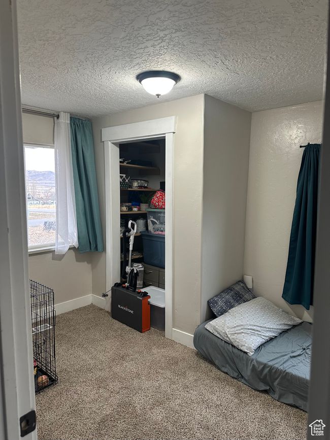 Bedroom with a textured ceiling and carpet floors | Image 16
