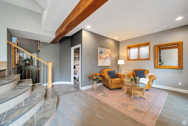 Living area featuring recessed lighting, visible vents, stairway, and baseboards | Image 24
