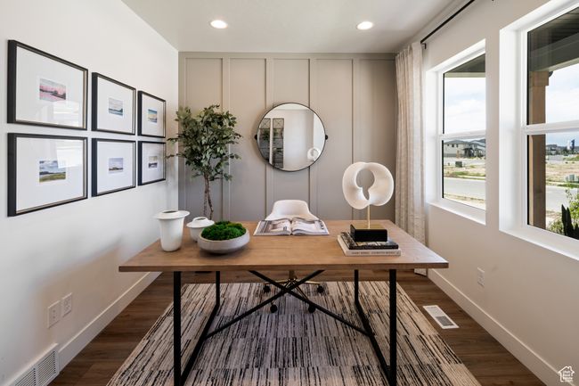 Office space featuring dark wood-type flooring, recessed lighting, and baseboards | Image 11