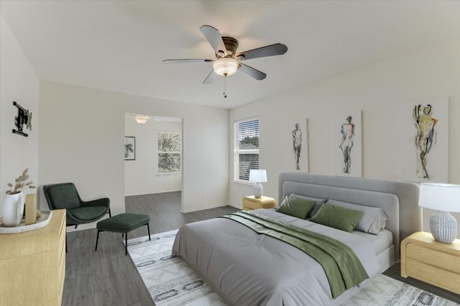 Virtually Staged Bedroom with wood finished floors and a ceiling fan | Image 4