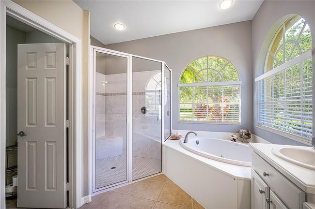Primary luxury bathroom with dual sinks, vanity, soaking jet bath and separate walk-in shower. | Image 21