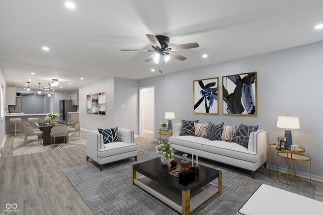 living area with recessed lighting, light wood-type flooring, baseboards, and a ceiling fan | Image 8