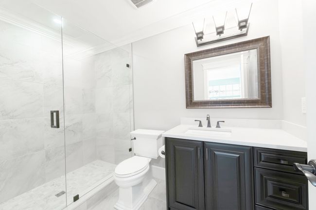 Full bath featuring vanity, a stall shower, toilet, and visible vents | Image 21