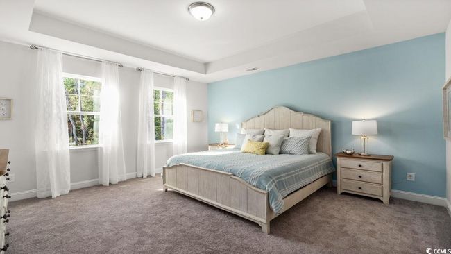 Bedroom with carpet flooring, a raised ceiling, and baseboards | Image 15