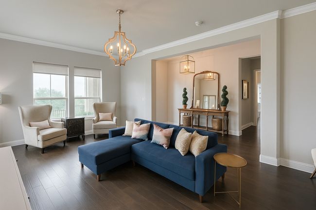 Living room featuring ornamental molding, dark wood-style floors, and a chandelier | Image 10