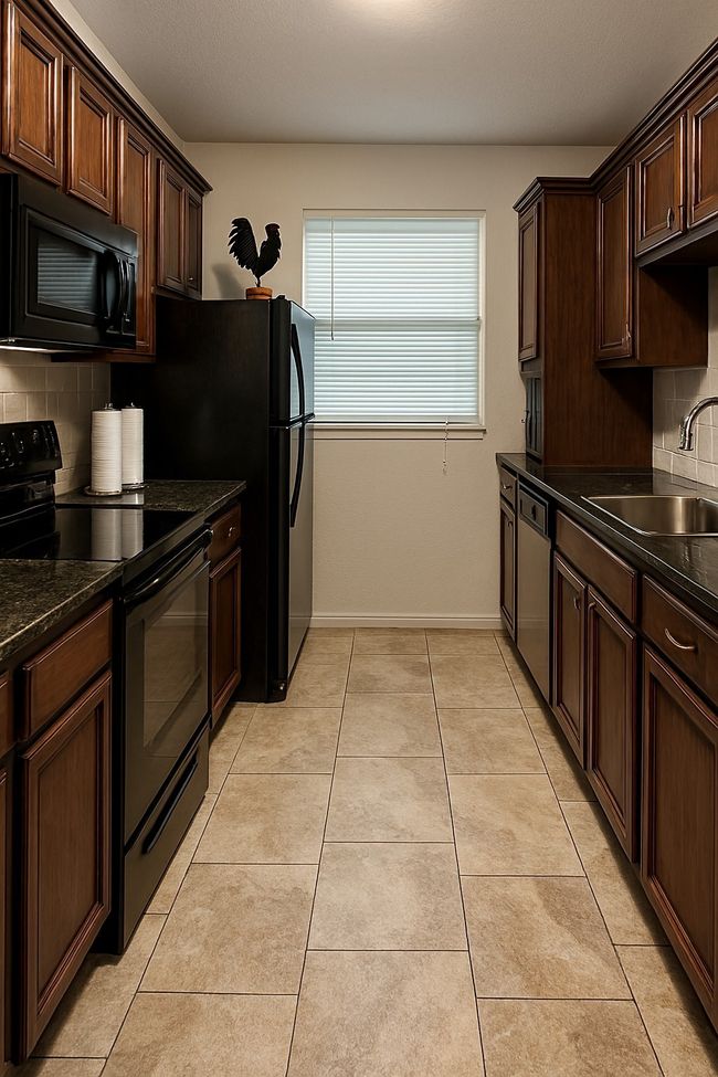Kitchen with black appliances, backsplash, light tile patterned floors, and dark brown cabinets | Image 5