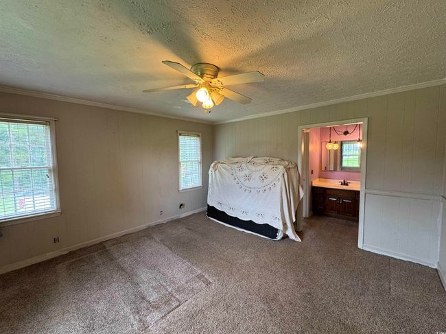 Bedroom featuring multiple windows, ornamental molding, a textured ceiling, dark colored carpet, and ceiling fan | Image 13