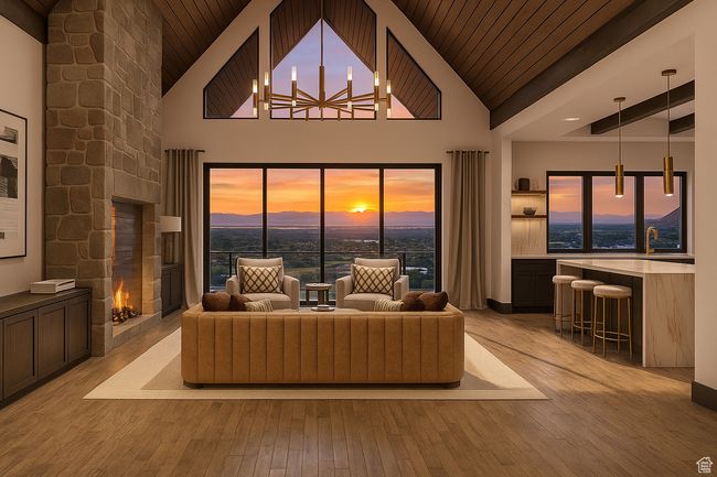 Living room featuring a fireplace, wood ceiling, a chandelier, light wood-type flooring, and high vaulted ceiling | Image 10