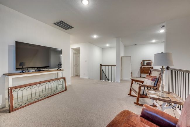 Sitting room with visible vents, baseboards, an upstairs landing, recessed lighting, and carpet flooring | Image 21
