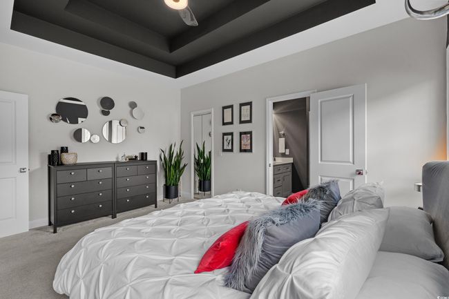 Carpeted bedroom with a tray ceiling and ensuite bathroom | Image 18