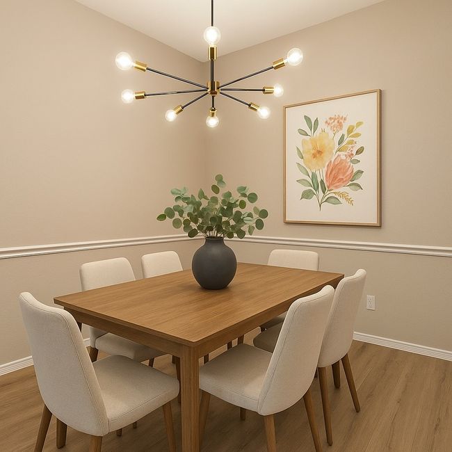 Dining room with a chandelier, light wood-style flooring, and baseboards | Image 10