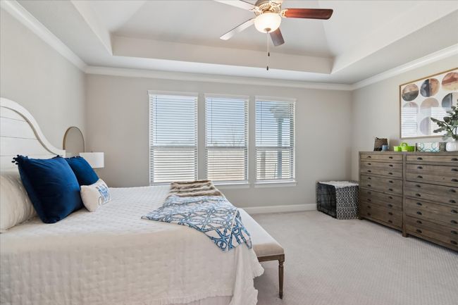 Bedroom featuring baseboards, a raised ceiling, a ceiling fan, carpet, and crown molding | Image 14