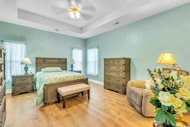 Bedroom featuring a tray ceiling, multiple windows, and light wood-style flooring | Image 12