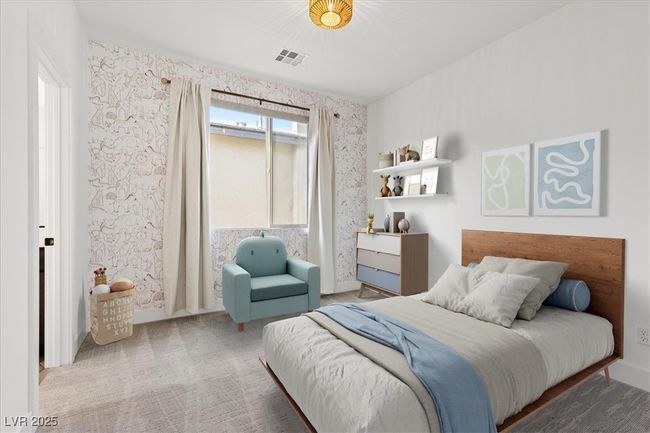 ***Virtually Staged** Carpeted bedroom featuring visible vents, wallpapered walls, and baseboards | Image 10