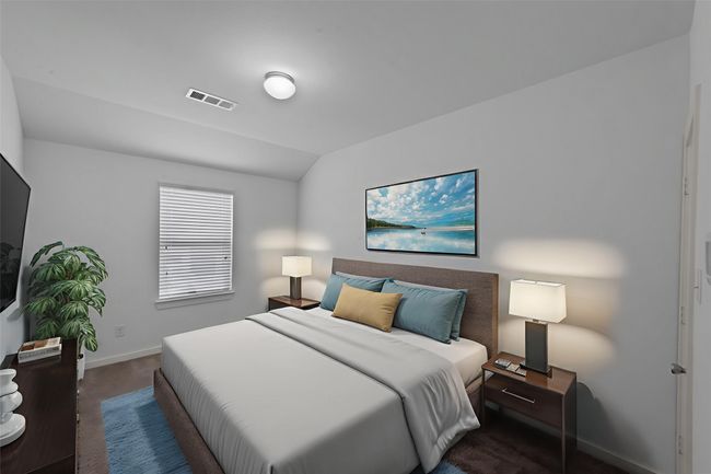 Carpeted bedroom with baseboards and vaulted ceiling | Image 27