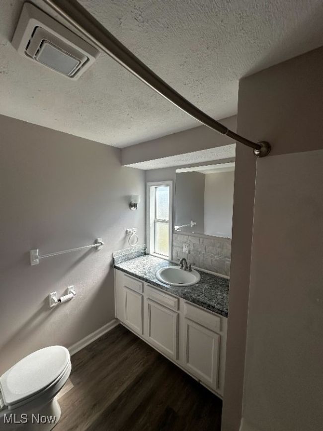 Bathroom featuring vanity, toilet, a textured ceiling, hardwood / wood-style floors, and decorative backsplash | Image 9