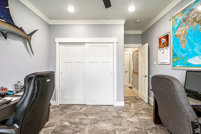 Office area featuring ornamental molding and baseboards | Image 51