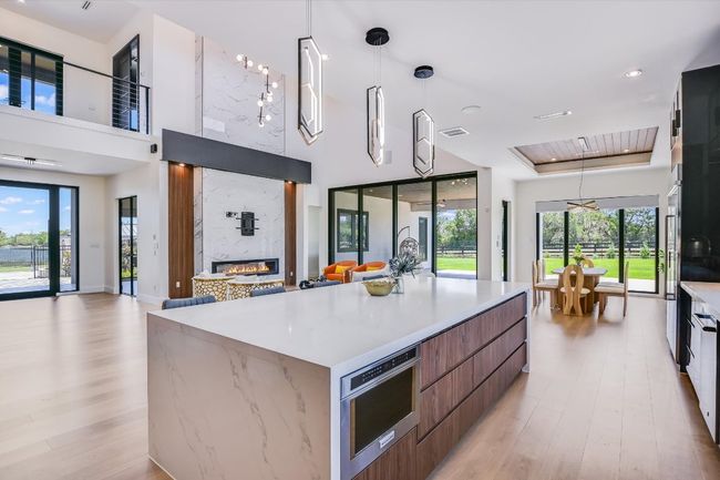 Kitchen with modern cabinets, a towering ceiling, light wood-style floors, healthy amount of natural light, and a fireplace | Image 19