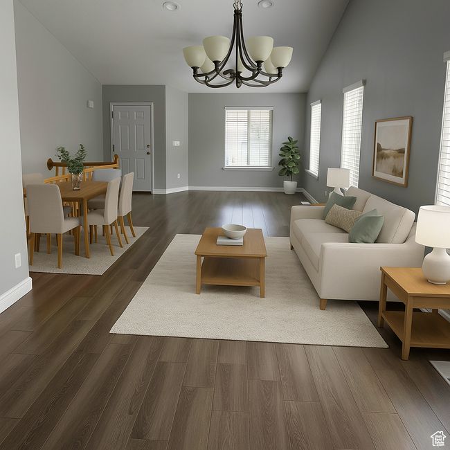 Living area with vaulted ceiling, a chandelier, dark wood-style floors, baseboards, and recessed lighting | Image 7