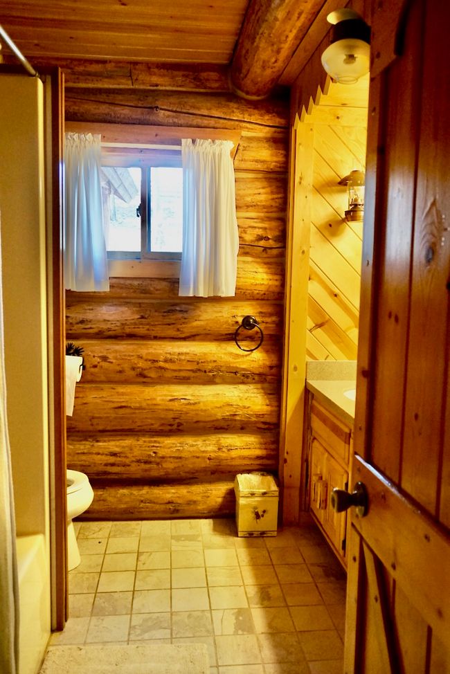 Bathroom with a shower, toilet, vanity, rustic walls, and wooden ceiling | Image 31