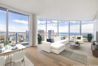 Expansive floor to ceiling windows featuring the City and Ocean views! (Enhanced photo). | Image 1