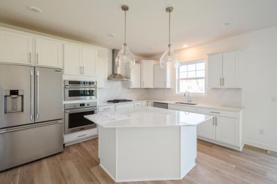 Photo is of the actual home. Large gourmet kitchen anchored by a large kitchen island. Features stainless steel appliances, quartz counters, a walk-in pantry, LVP floors, double ovens and more! | Image 2