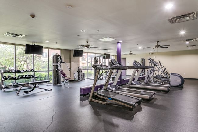 Gym with a ceiling fan, expansive windows, and recessed lighting | Image 15
