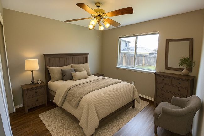 Bedroom with dark wood-style floors and a ceiling fan | Image 15