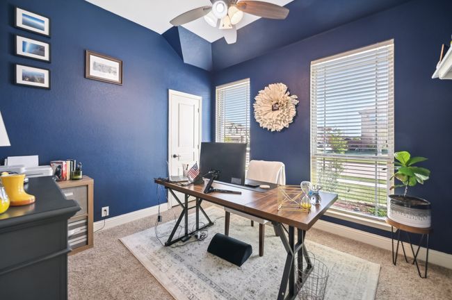Office area featuring carpet, baseboards, and a ceiling fan | Image 15