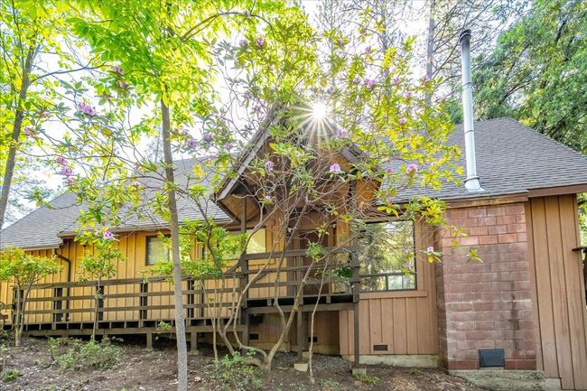 Covered front porch overlooks blooming plants and trees | Image 10