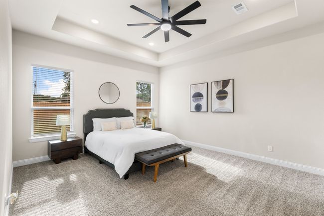 Primary Bedroom with a raised ceiling, baseboards, visible vents, and carpet floors | Image 16
