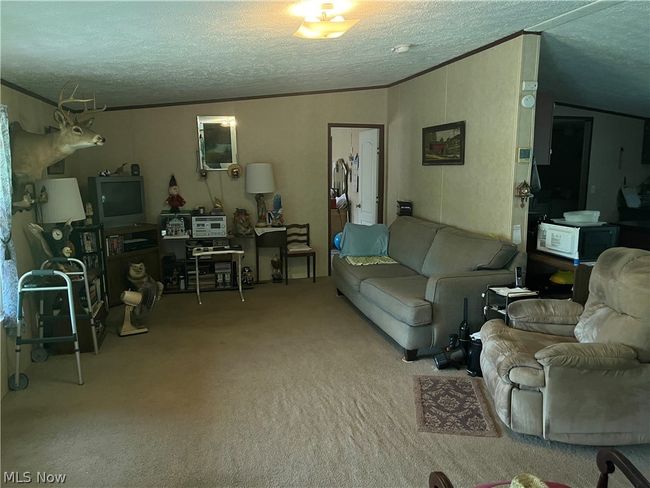 Living room with a textured ceiling and carpet | Image 9