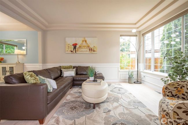 Living Room with Coffered Ceiling & Wall of Windows. | Image 5