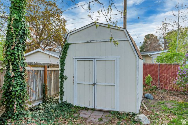 View of shed with a fenced backyard | Image 32